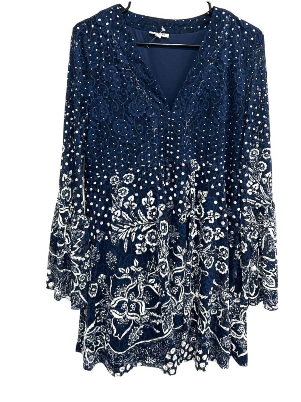 Paris Hues Large Navy White Floral Bell Sleeve Boho Dress Romanticcore Cozycore